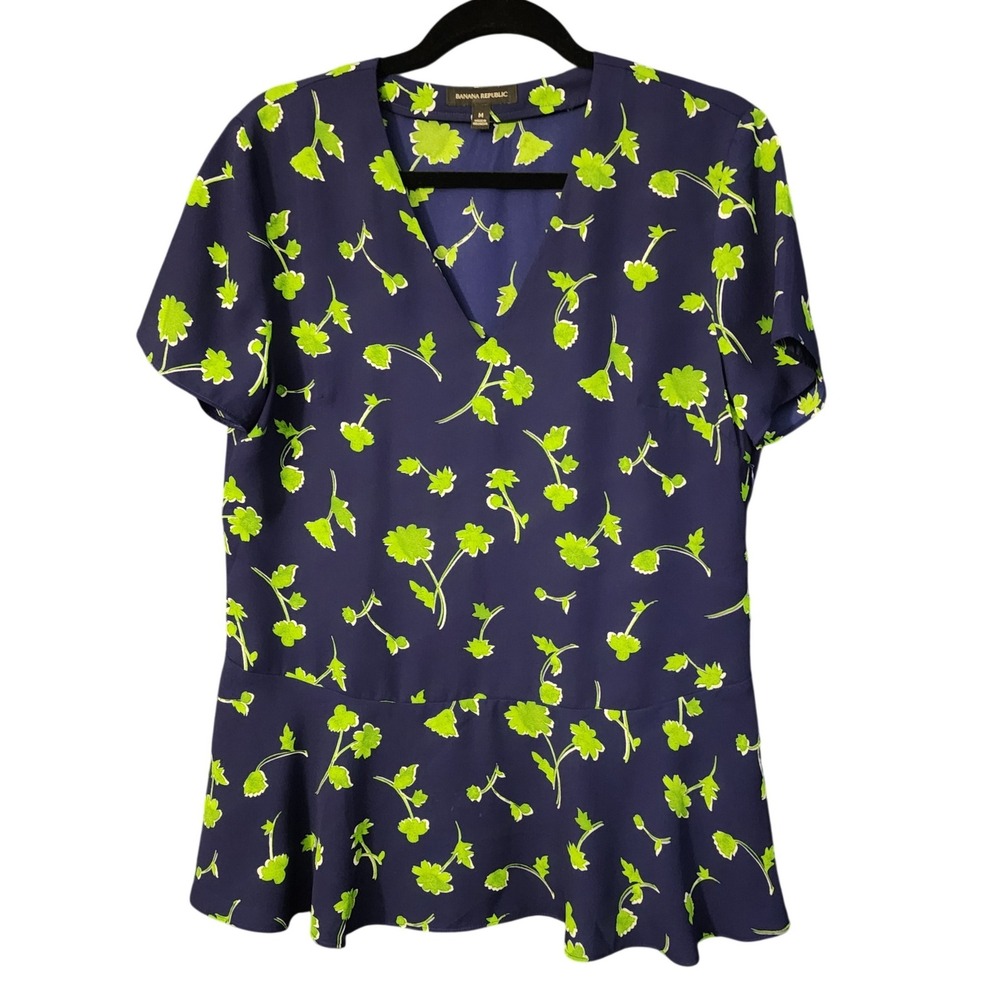 Banana Republic Womens Peplum Top Navy Blue Lime Green‎ Floral V-Neck Blouse M